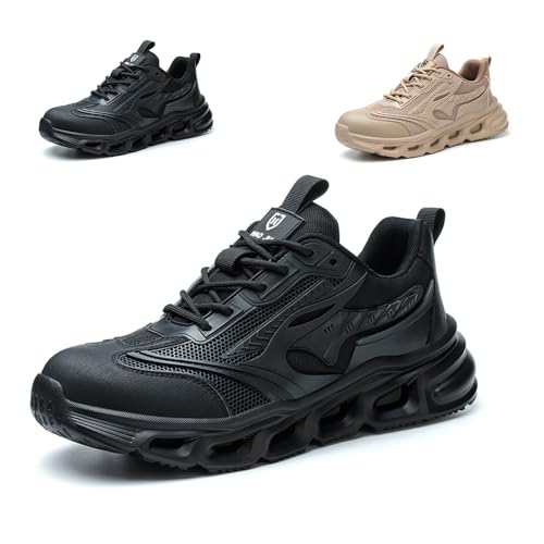 KTDYG Arbeitsschuhe Herren Leicht Sportlich Sicherheitsschuhe Damen Atmungsaktiv rutschfest Stahlkappenschuhe Bequem Arbeitsturnschuhe, Schwarz, 44EU von KTDYG