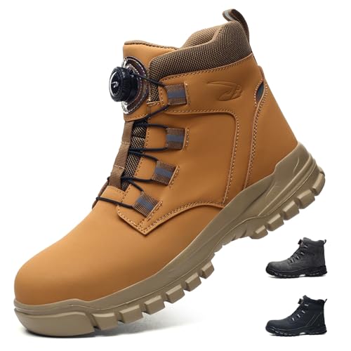 KTDYG Sicherheitsschuhe Arbeitsschuhe Herren Damen Leicht Bequem Mit Stahlkappe Sicherheitsstiefel Atmungsaktiv rutschfest Arbeitsstiefel Wasserdicht Mit Drehknopf, Gelb, 39EU von KTDYG