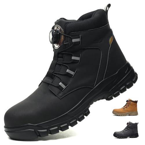 KTDYG Sicherheitsschuhe Arbeitsschuhe Herren Damen Leicht Bequem Mit Stahlkappe Sicherheitsstiefel Atmungsaktiv rutschfest Arbeitsstiefel Wasserdicht Mit Drehknopf, Schwarz, 43EU von KTDYG