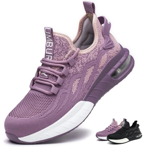KTDYG Sicherheitsschuhe Damen Leicht Sportlich Arbeitsschuhe Herren Atmungsaktiv Stahlkappenschuhe rutschfest Schutzschuhe mit Stahlkappe, Lila, 36EU von KTDYG