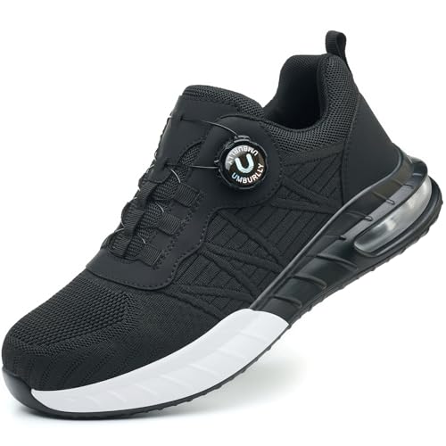 KTDYG Sicherheitsschuhe Herren Arbeitsschuhe Damen Leicht Sportlich Luftkissen Stahlkappenschuhe Atmungsaktiv rutschfest Schutzschuhe mit Drehknopf, Schwarz, 37EU von KTDYG