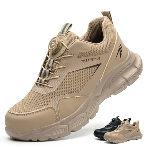 KTDYG Sicherheitsschuhe Herren Damen Arbeitsschuhe Leicht Sportlich Stahlkappenschuhe Atmungsaktiv Schutzschuhe rutschfeste Arbeitsturnschuhe mit Drehknopf, Beige, 43EU von KTDYG