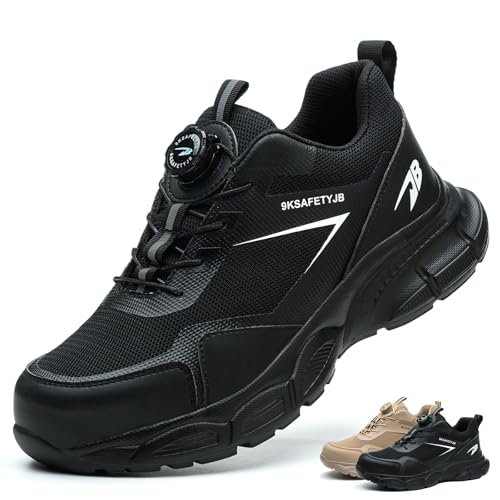KTDYG Sicherheitsschuhe Herren Damen Arbeitsschuhe Leicht Sportlich Stahlkappenschuhe Atmungsaktiv Schutzschuhe rutschfeste Arbeitsturnschuhe mit Drehknopf, Schwarz, 44EU von KTDYG