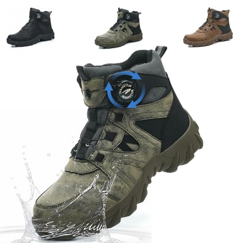 KTDYG Sicherheitsschuhe Herren Damen Arbeitsschuhe Wasserdicht Leicht Stahlkappenschuhe rutschfest Arbeitsstiefel mit Drehknopf, Grün, 45EU von KTDYG