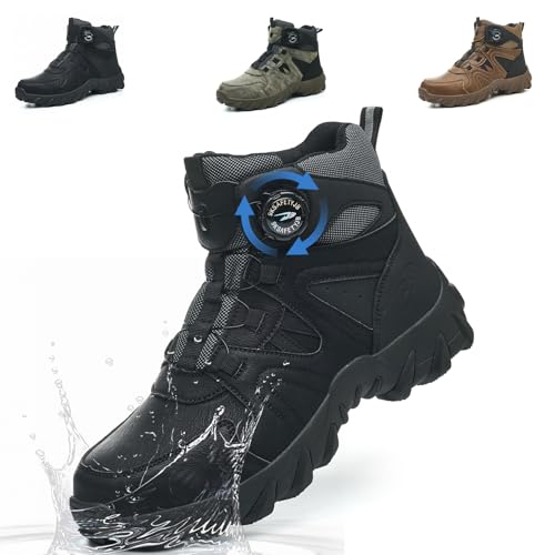 KTDYG Sicherheitsschuhe Herren Damen Arbeitsschuhe Wasserdicht Leicht Stahlkappenschuhe rutschfest Arbeitsstiefel mit Drehknopf, Schwarz, 43EU von KTDYG