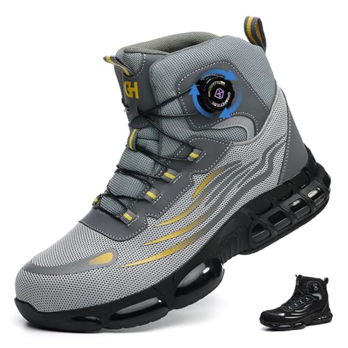 KTDYG Sicherheitsschuhe Herren Damen Leicht Sportliche Arbeitsschuhe Atmungsaktiv Sicherheitsstiefel rutschfeste Arbeitsstiefel mit Drehknopf, Grau, 41EU von KTDYG
