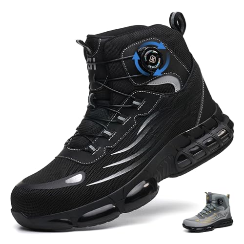 KTDYG Sicherheitsschuhe Herren Damen Leicht Sportliche Arbeitsschuhe Atmungsaktiv Sicherheitsstiefel rutschfeste Arbeitsstiefel mit Drehknopf, Schwarz, 39EU von KTDYG