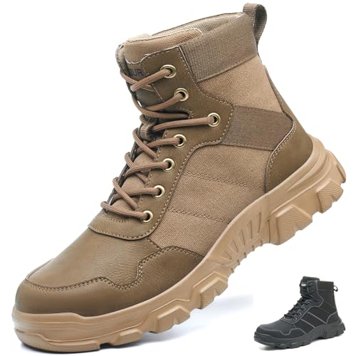 KTDYG Sicherheitsstiefel Herren Damen Leicht Sportlich Sicherheitsschuhe Atmungsaktiv Arbeitsschuhe rutschfest Hoch Stahlkappenschuhe, Braun, 40EU von KTDYG