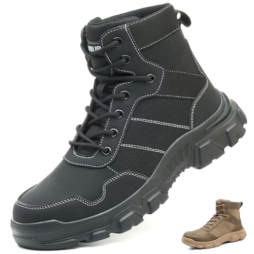 KTDYG Sicherheitsstiefel Herren Damen Leicht Sportlich Sicherheitsschuhe Atmungsaktiv Arbeitsschuhe rutschfest Hoch Stahlkappenschuhe, Schwarz, 43EU von KTDYG
