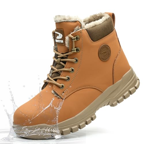 KTDYG Winter Arbeitsschuhe Herren Wasserdicht Damen Sicherheitsschuhe Leicht mit Stahlkappe Sicherheitsstiefel rutschfest mit Warm Gefüttert, Braun, 39EU von KTDYG