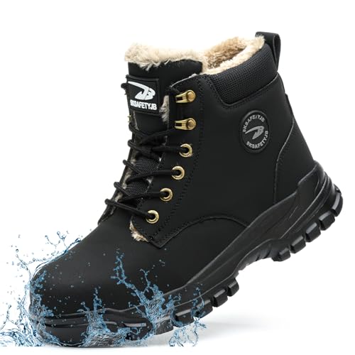 KTDYG Winter Arbeitsschuhe Herren Wasserdicht Damen Sicherheitsschuhe Leicht mit Stahlkappe Sicherheitsstiefel rutschfest mit Warm Gefüttert, Schwarz, 39EU von KTDYG