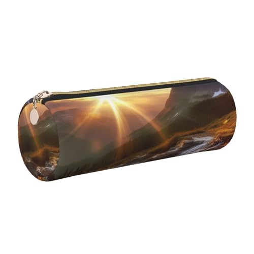 Federmäppchen aus Leder mit Reißverschluss, ästhetischer Stifthalter, Berg, Sonnenaufgang, Landschaft, Federmäppchen für Damen und Herren, handgefertigt, multifunktional, Reise-Kosmetiktasche für Federmäppchen aus Leder mit Reißverschluss, ästhetischer Stifthalter, Berg, Sonnenaufgang, Landschaft, Federmäppchen für Damen und Herren, handgefertigt, multifunktional, Reise-Kosmetiktasche für von KTHSNSKL