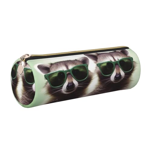 Federmäppchen aus Leder mit Reißverschluss, ästhetischer Stifthalter, lustiger Waschbär, grüne Sonnenbrille, Federmäppchen für Damen und Herren, handgefertigt, multifunktional, Reise-Kosmetiktasche von KTHSNSKL