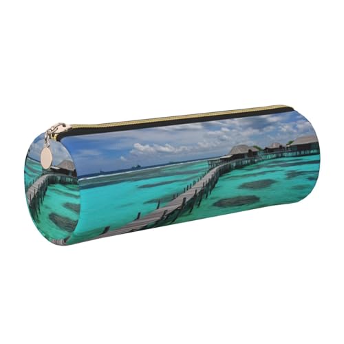 KTHSNSKL Federmäppchen aus Leder mit Reißverschluss – Ästhetischer Stifthalter Malediven Landschaft Federmäppchen für Damen und Herren – Handgefertigtes Federmäppchen Multifunktionale von KTHSNSKL