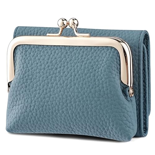 KTLCNDF Dreifach Gefaltete Kleine Geldbörse Aus Echtem Leder for Damen, RFID-blockierender Kartenhalter Mit 8 Kartenfächern, Kompaktes Münzgeldbörse(Blue) von KTLCNDF