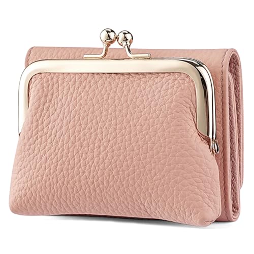 KTLCNDF Dreifach Gefaltete Kleine Geldbörse Aus Echtem Leder for Damen, RFID-blockierender Kartenhalter Mit 8 Kartenfächern, Kompaktes Münzgeldbörse(Pink) von KTLCNDF