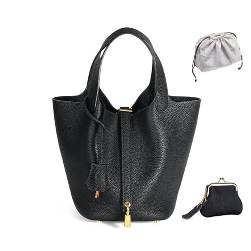 KTLCNDF Übergroße Tragetasche Aus Hochwertigem Vollnarbenleder – Schicke Perlgraue Umhängetasche, Hohes, Vielseitiges Damenaccessoire(Black (Gold Lock),Large 7.1" (L)*8.7" (W)*8.7" (H)) von KTLCNDF