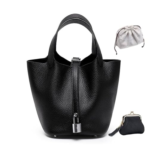 KTLCNDF Übergroße Tragetasche Aus Hochwertigem Vollnarbenleder – Schicke Perlgraue Umhängetasche, Hohes, Vielseitiges Damenaccessoire(Black (Silver Lock),Small 5.1" (L)*7.1" (W)*7.9" (H)) von KTLCNDF