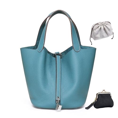 KTLCNDF Übergroße Tragetasche Aus Hochwertigem Vollnarbenleder – Schicke Perlgraue Umhängetasche, Hohes, Vielseitiges Damenaccessoire(Denim Blue (Silver Lock),Mini 4.3" (L)*5.5" (W)*5.9" (H)) von KTLCNDF