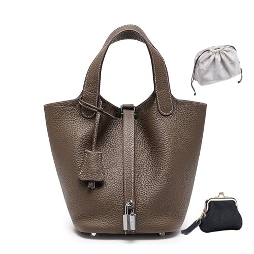 KTLCNDF Übergroße Tragetasche Aus Hochwertigem Vollnarbenleder – Schicke Perlgraue Umhängetasche, Hohes, Vielseitiges Damenaccessoire(Khaki (Silver Lock),Large 7.1" (L)*8.7" (W)*8.7" (H)) von KTLCNDF