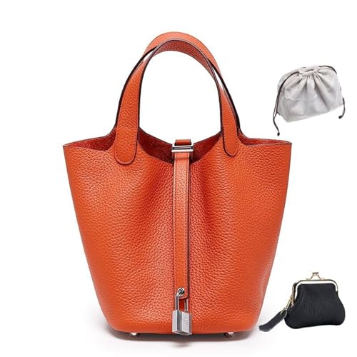 KTLCNDF Übergroße Tragetasche Aus Hochwertigem Vollnarbenleder – Schicke Perlgraue Umhängetasche, Hohes, Vielseitiges Damenaccessoire(Orange (Silver Lock),Large 7.1" (L)*8.7" (W)*8.7" (H)) von KTLCNDF