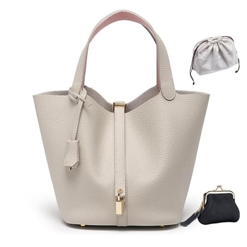KTLCNDF Übergroße Tragetasche Aus Hochwertigem Vollnarbenleder – Schicke Perlgraue Umhängetasche, Hohes, Vielseitiges Damenaccessoire(Pearl Grey (Gold Lock),Mini 4.3" (L)*5.5" (W)*5.9" (H)) von KTLCNDF