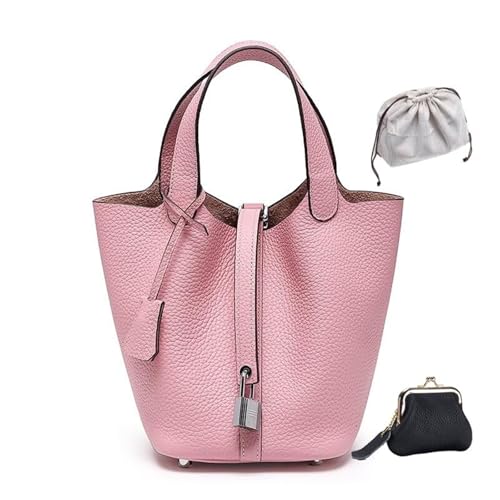 KTLCNDF Übergroße Tragetasche Aus Hochwertigem Vollnarbenleder – Schicke Perlgraue Umhängetasche, Hohes, Vielseitiges Damenaccessoire(Pink (Silver Lock),Mini 4.3" (L)*5.5" (W)*5.9" (H)) von KTLCNDF