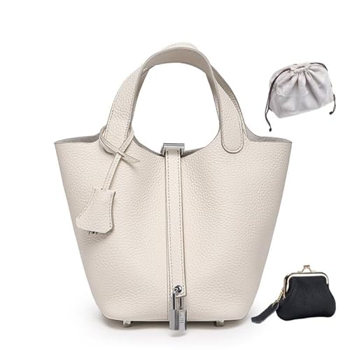 KTLCNDF Übergroße Tragetasche Aus Hochwertigem Vollnarbenleder – Schicke Perlgraue Umhängetasche, Hohes, Vielseitiges Damenaccessoire(White (Silver Lock),Mini 4.3" (L)*5.5" (W)*5.9" (H)) von KTLCNDF