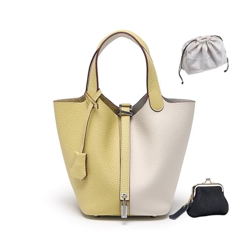 Übergroße Tragetasche Aus Hochwertigem Vollnarbenleder – Schicke Perlgraue Umhängetasche, Hohes, Vielseitiges Damenaccessoire(Chicken Yellow and Milky White (Silver Lock),Small 5.1" (L)*7.1" (W)*7.9" von KTLCNDF