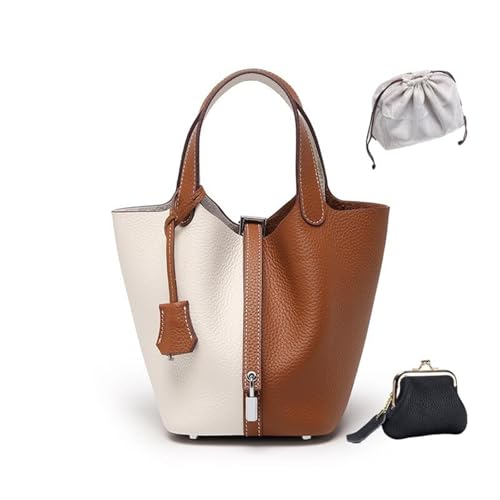 Übergroße Tragetasche Aus Hochwertigem Vollnarbenleder – Schicke Perlgraue Umhängetasche, Hohes, Vielseitiges Damenaccessoire(Gold Brown Milk White (Silver Lock),Mini 4.3" (L)*5.5" (W)*5.9" (H)) von KTLCNDF