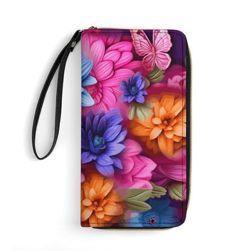 Damen-Geldbörse mit farbigem Blumendruck, langer Reißverschluss, Leder, geeignet für Arbeit und den täglichen Gebrauch, Farbige Blumen, 7.8*4.1 in von KTNML