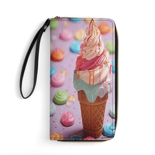 KTNML Damen-Geldbörse aus Leder, mit langem Reißverschluss, geeignet für Arbeit und den täglichen Gebrauch, viele farbige Eiscreme, 19,8 x 10,4 cm, Viele farbige Eiscreme., 7.8*4.1 in von KTNML