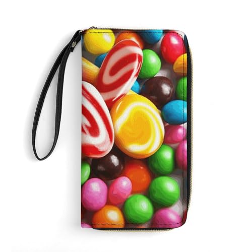 KTNML Damen-Geldbörse mit buntem Süßigkeiten-Aufdruck, langer Reißverschluss, aus Leder, geeignet für Arbeit und den täglichen Gebrauch, Bunte Süßigkeiten, 7.8*4.1 in von KTNML
