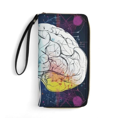 KTNML Damen-Geldbörse mit geometrischem Gehirnbild und wissenschaftlichem Aufdruck, langer Reißverschluss, Reise-Ledergeldbörse, geeignet für Arbeit und den täglichen Gebrauch, geometrisches von KTNML