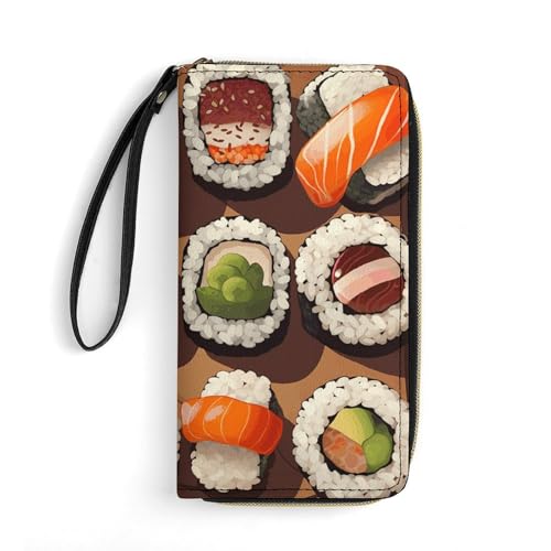 KTNML Damen-Geldbörse mit langem Reißverschluss, Leder, geeignet für Arbeit und den täglichen Gebrauch, viele Sushi-Lebensmittel, 19,8 x 10,4 cm, Viele Sushi-Futter., 7.8*4.1 in von KTNML