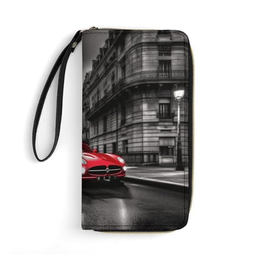 KTNML Damen-Geldbörse mit rotem Autodruck und langem Reißverschluss, Leder, geeignet für Arbeit und den täglichen Gebrauch, 19,8 x 10,4 cm, City Street Red Car, 7.8*4.1 in von KTNML