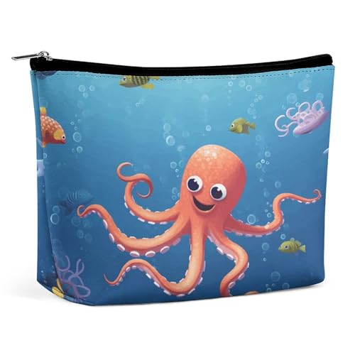 KTNML Tragbare Kosmetiktasche mit Reißverschluss, Cartoon-Oktopus-Fisch, bedruckt, Aufbewahrung, Make-up-Tasche, leicht zu transportieren, Reise-Kosmetiktasche für Damen, Cartoon-Oktopus-Fisch, 17,3 x von KTNML
