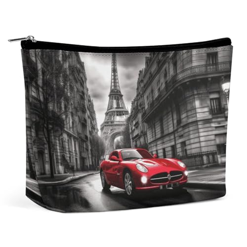 KTNML Tragbare Kosmetiktasche mit Reißverschluss, Stadtstraße, rotes Auto, bedruckte Aufbewahrung, Make-up-Tasche, leicht zu transportieren, Reise-Kosmetiktasche für Damen, Stadtstraße, rotes Auto, von KTNML