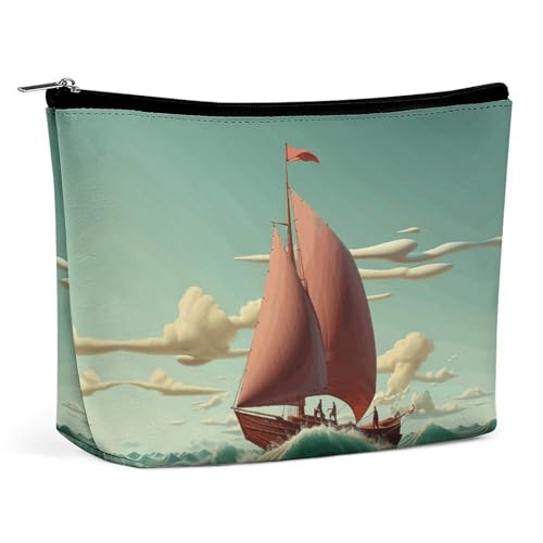 KTNML Tragbare Kosmetiktasche mit Reißverschluss, bedruckt mit Schiffsflug, Make-up-Tasche, leicht zu transportieren, Reise-Kosmetiktasche für Frauen, Schiffsfliegen im Meer, 17,3 x 15 cm, Schiff von KTNML