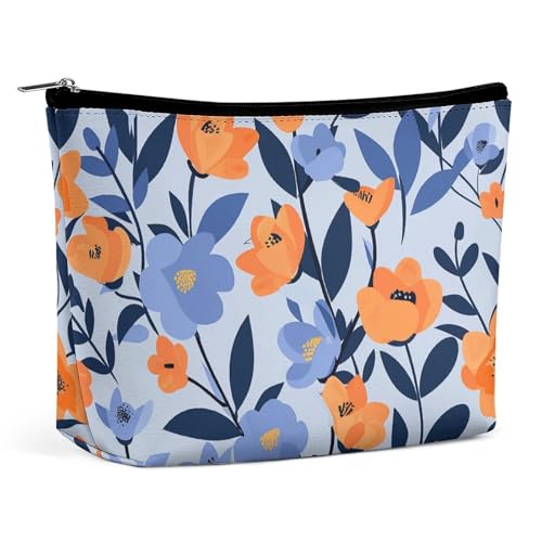 KTNML Tragbare Kosmetiktasche mit Reißverschluss, blaue und orangefarbene Blumen, bedruckte Aufbewahrungs-Make-up-Tasche, einfach zu transportieren, Reise-Kosmetiktasche für Damen, blaue und von KTNML