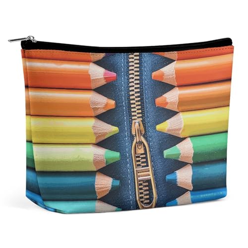 KTNML Tragbare Kosmetiktasche mit Reißverschluss, viele Buntstiftmuster, bedruckte Aufbewahrung, Make-up-Tasche, leicht zu transportieren, Reise-Kosmetiktasche für Damen, viele Buntstiftmuster, 17,3 x von KTNML