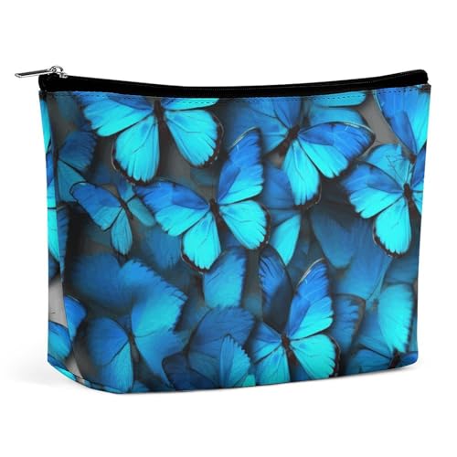KTNML Tragbare Kosmetiktasche mit Reißverschluss, viele blaue Schmetterlinge, bedruckte Aufbewahrungs-Make-up-Tasche, leicht zu transportieren, Reise-Kosmetiktaschen für Damen, viele blaue von KTNML