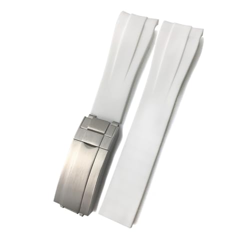 KTRSAVSSA 18 mm 20 mm 19 mm 22 mm 21 mm Gummi-Silikon-Uhrenarmbänder, kompatibel mit Rolex Daytona Explorer GMT Submariner-Uhrenarmband mit Faltschließe(White,20MM_POLISHED SILVER) von KTRSAVSSA