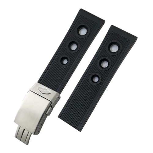 KTRSAVSSA 20 mm 21 mm 22 mm 24 mm Gummi-Faltschließe Silikon-Armband Uhrenarmbänder Kompatibel mit Breitling Navitimer Avenger Uhrenarmband(Blcak silver1,20mm) von KTRSAVSSA