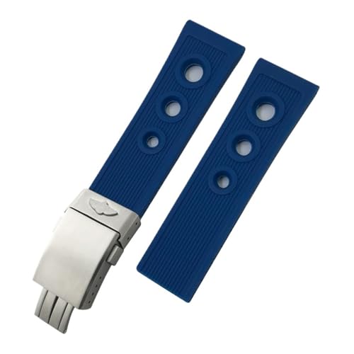 KTRSAVSSA 20 mm 21 mm 22 mm 24 mm Gummi-Faltschließe Silikon-Armband Uhrenarmbänder Kompatibel mit Breitling Navitimer Avenger Uhrenarmband(Blue silver1,23mm) von KTRSAVSSA