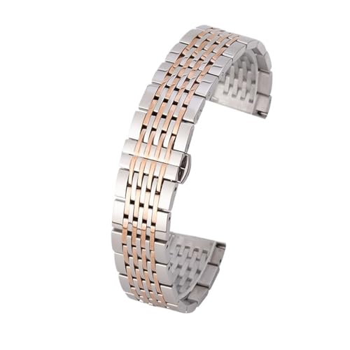 KTRSAVSSA 20 mm Edelstahl-Uhrenarmband, Uhrenarmband, Zubehör, Metall-Schmetterlingsverschluss, neun Perlen, massives Stahlband for Herren und Damen(Silver Rose,21mm) von KTRSAVSSA
