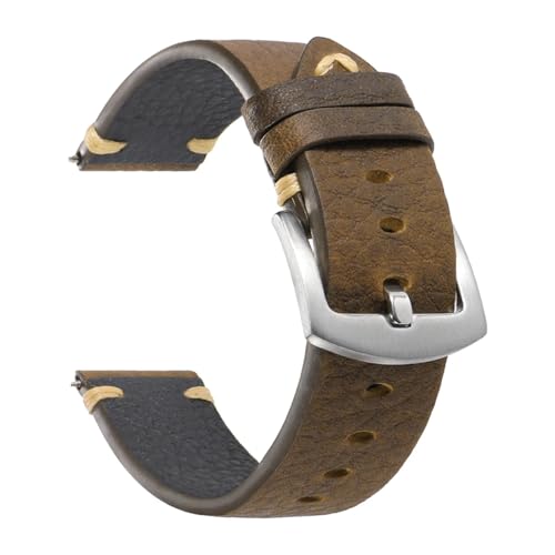 KTRSAVSSA 20MM 22MM Rindsleder Uhrenarmband Vintage Weiche Erste Schicht Kalbsleder Männer Braun Schwarz Handgefertigte Stitchng Armbänder(Yellow brown-silver,22mm) von KTRSAVSSA