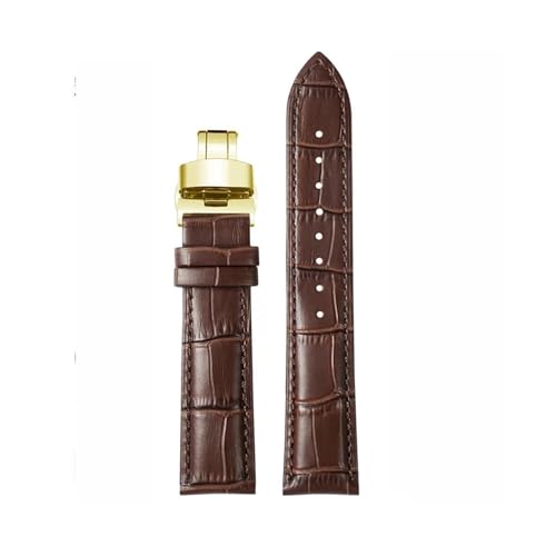 KTRSAVSSA Dunkelblaues Lederarmband, kompatibel mit Citizen, Seiko, Casio, Omega, Armband 14, 16, 18, 19, 20 mm, 21 mm, 22 mm, 23 mm, Herren- und Damenuhrenarmband(Brown gold Folding,19mm) von KTRSAVSSA