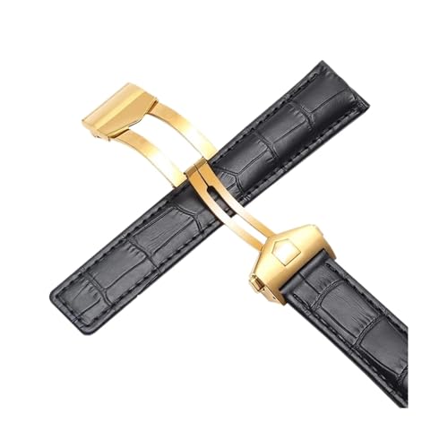 KTRSAVSSA Neues Lederarmband Kompatibel Mit Tag Heuer Uhr Carrera Monaco Uhrengürtel Schwarz Braun Armband Armbanduhr Armband 19mm 20mm 22mm(Black-gold,20mm) von KTRSAVSSA