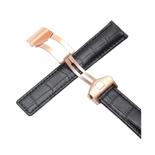 KTRSAVSSA Neues Lederarmband Kompatibel Mit Tag Heuer Uhr Carrera Monaco Uhrengürtel Schwarz Braun Armband Armbanduhr Armband 19mm 20mm 22mm(Black-rosegold,22mm) von KTRSAVSSA